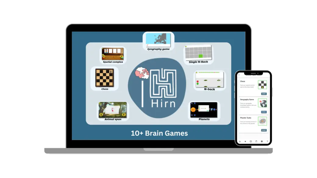 Immagine di un computer portatile e uno smartphone che mostrano il logo "Hirn" e un layout di giochi per il cervello. Sono visibili diverse icone di giochi, tra cui scacchi e quiz geografici, evidenziando una varietà di opzioni ludiche per stimolare la mente.