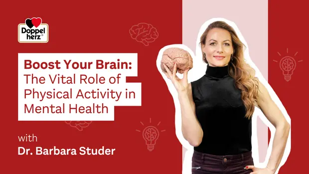 Une femme souriante tient un modèle de cerveau dans sa main. À côté, un texte en anglais présente le thème "Boost Your Brain : Le rôle essentiel de l'activité physique dans la santé mentale", avec le nom Dr. Barbara Studer. Le fond est rouge avec des illustrations de cerveaux et d'ampoules.
