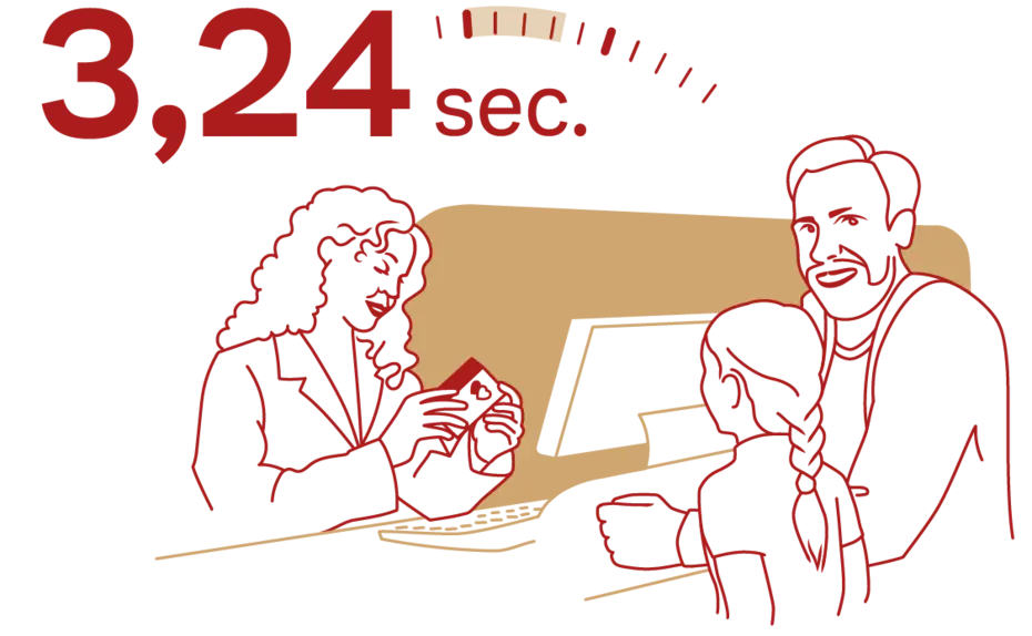 Un uomo e una donna interagiscono con un bambino presso un banco di servizio. Sopra di loro è riportato "3,24 sec." in caratteri grandi, indicando in modo visivo un tempo di attesa o un servizio rapido.