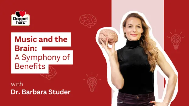 Une femme tient un cerveau humain en relief et présente le sujet "Musique et cerveau : une symphonie de bienfaits". Le fond est rouge avec des illustrations de cerveaux et d’ampoules. Le texte mentionne la participation du Dr Barbara Studer à cette discussion.