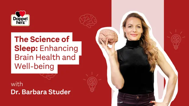 Une femme tient un cerveau en silicone, symbolisant le sujet du bien-être mental. Le texte présente "La science du sommeil : améliorer la santé cérébrale et le bien-être" animé par le Dr Barbara Studer. L'image évoque l'importance du sommeil pour la santé du cerveau.